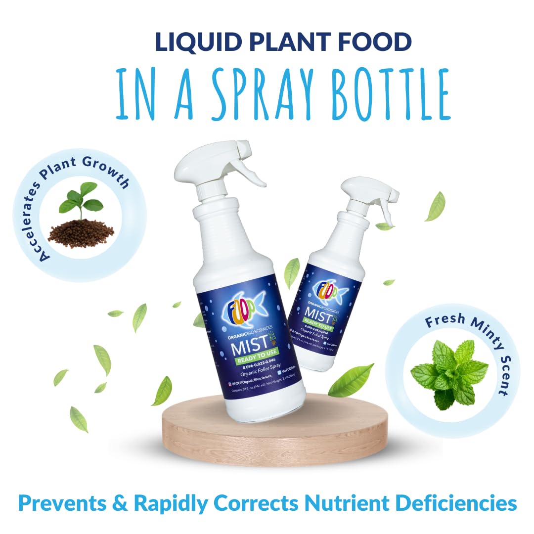 FOOP Mist - Organic Foliar Spray Made from Fish Manure (with Fresh Minty Scent) | Corrects & Prevents Plant Nutrient Deficiencies | Ready to Use, No Mixing Required (32oz)