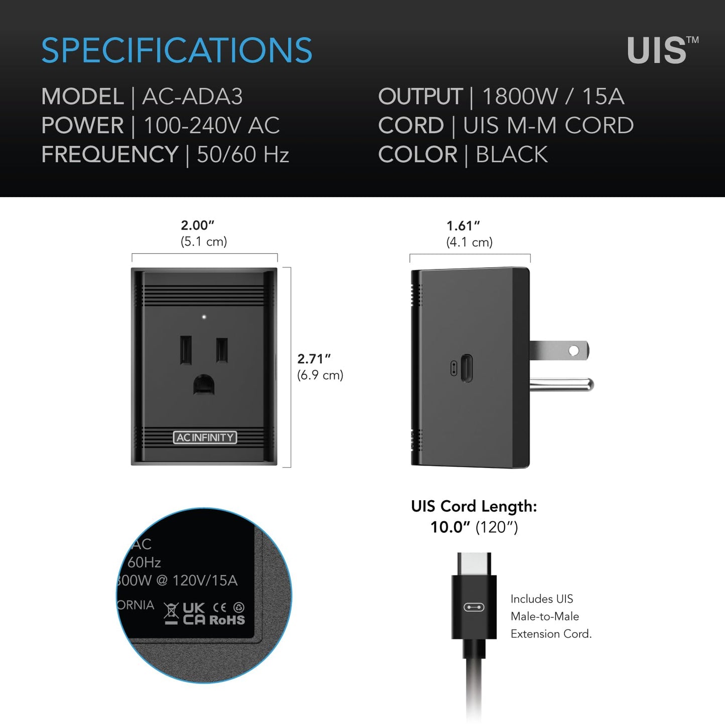 AC Infinity UIS Control Plug, Socket Adapter to Connect UIS Smart Controllers to Outlet Devices