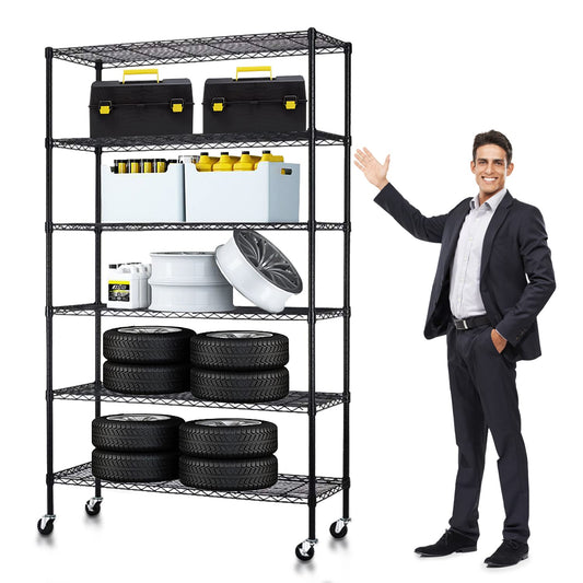 6 Tier Shelf Adjustable Heavy Duty 2100Lbs Capacity Metal Storage Shelves on Caster 48"x18"x82" Steel Wire Rack for Garage Basement Pantry, Black