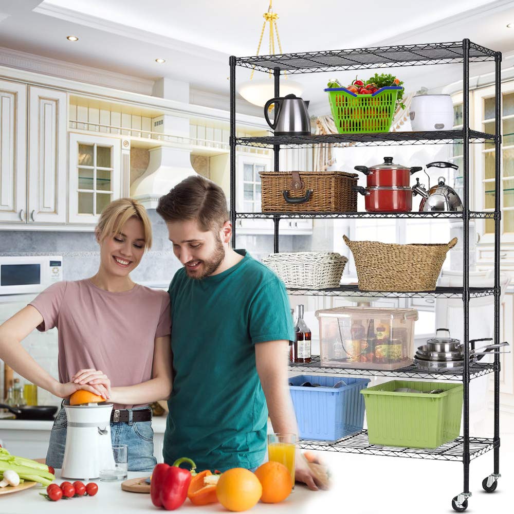 6 Tier Shelf Adjustable Heavy Duty 2100Lbs Capacity Metal Storage Shelves on Caster 48"x18"x82" Steel Wire Rack for Garage Basement Pantry, Black