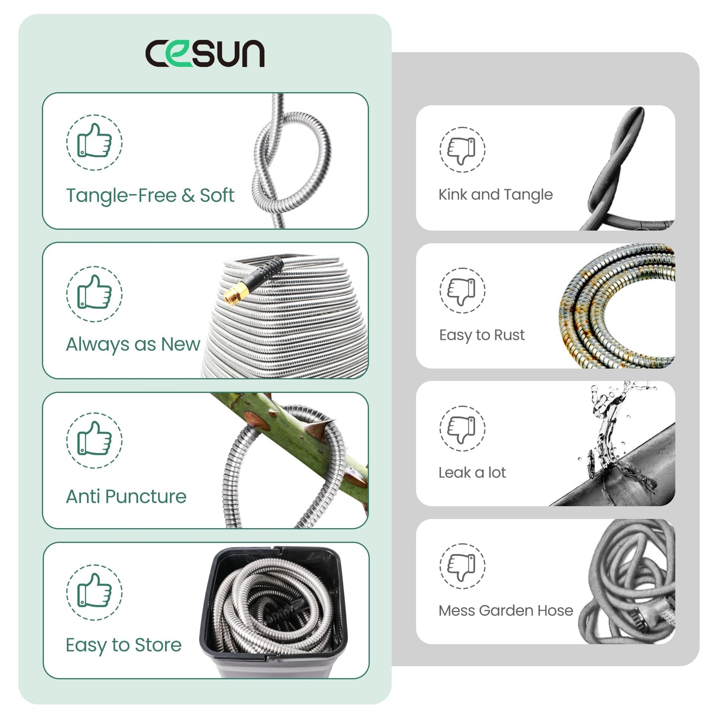 Cesun 10 FT Metal Garden Hose, Drinking RV Water Hose, Reinforced Metal Fittings, Dehumidifier Drain Hose Connector Extension, Reel Extender for Yard