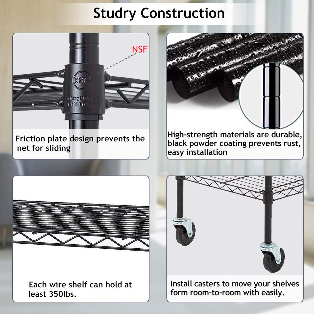 6 Tier Shelf Adjustable Heavy Duty 2100Lbs Capacity Metal Storage Shelves on Caster 48"x18"x82" Steel Wire Rack for Garage Basement Pantry, Black